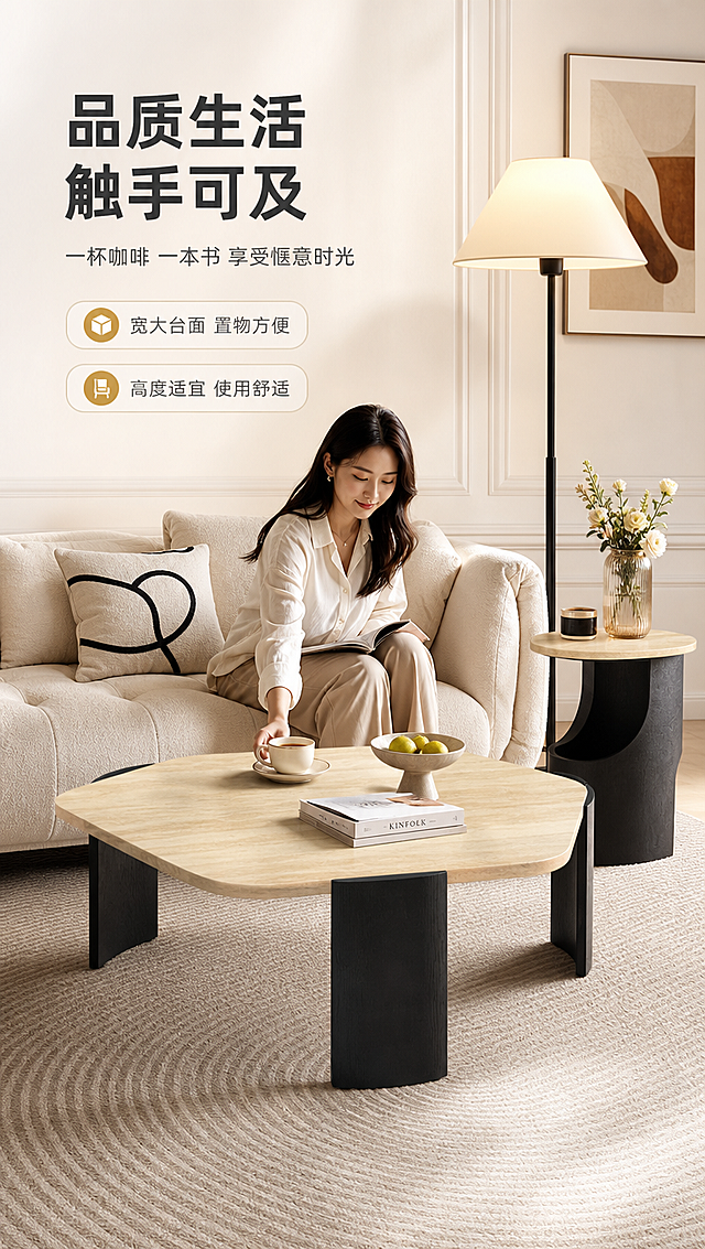 [商品] 使用【图1】DC-8848茶几和DJ-8848角几；保留两款产品的结构、颜色、材质、比例和造型特征，自然修复瑕疵，增强材质质感，不改变产品本体造型。
[画面] 目标：场景使用体验，展示人物在客厅使用茶几的生活化场景。构图：场景满铺，人物自然融入，文案在左上留白区。主体位置：茶几在画面中央，角几在沙发旁，人物坐在沙发上伸手放咖啡杯。主体占比约50%。摆放角度：茶几微侧，自然摆放。景别：中全景。阅读动线：左上→中央。前中后景：前景地毯+茶几底部，中景茶几+人物+沙发，后景背景墙+装饰画+落地灯。场景：明亮温馨的现代客厅，午后暖光，人物为亚洲女性，休闲装扮，自然放松的状态。
[视觉] 套系策略：风格=现代轻奢家居商业摄影；标题字=现代无衬线粗体；正文字=简洁无衬线体；主色=暖米白；背景延展=基于暖米白做深浅层级、同色渐变和细腻肌理质感；强调色=浅金色，仅用于小面积图标、引线和标签；标题色=深炭灰；正文色=中暖灰；组件=圆角浅底信息卡、细线引线、胶囊卖点框；光影=左前侧暖柔光，自然光感，柔和阴影。
[文字] 左上留白区：主标题「品质生活 触手可及」（8字），副标题「一杯咖啡 一本书 享受惬意时光」（14字），2个体验卖点：「宽大台面 置物方便」「高度适宜 使用舒适」。文字不遮挡人物和产品主体。
[规格] 图片比例9:16竖版，4K分辨率，负向提示：避免变形、错字、文字过小、冷蓝/蓝灰背景、产品颜色改变、结构失真、极限词、水印、二维码、人物面部模糊。