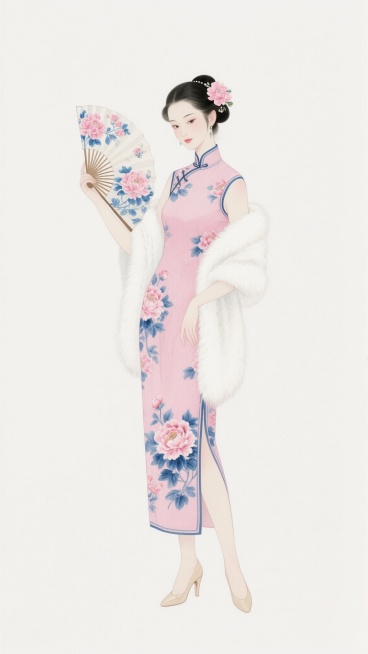 中国风插画风格，一位身着粉色牡丹与蓝色花卉图案旗袍的女子，发髻上插着粉色花朵发饰，手持一把带有粉色和蓝色花卉图案的折扇，肩上披着白色毛绒披肩，脚穿浅色高跟鞋，整体画面采用柔和的水彩质感，线条细腻流畅，色彩淡雅和谐，背景为纯白色，人物姿态优雅端庄，眼神温婉，展现出古典与现代结合的柔美气质。预览效果