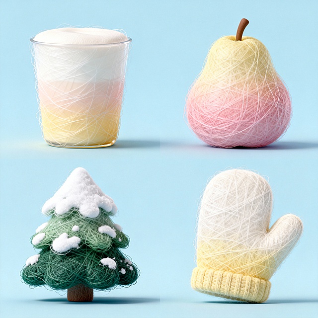 3D轻拟物风，毛发生长质感包裹圣诞树、饮品、梨与手套，柔和渐变色系营造梦幻温馨氛围，面料纹理增添舒适可爱感，节日主题趣味十足。