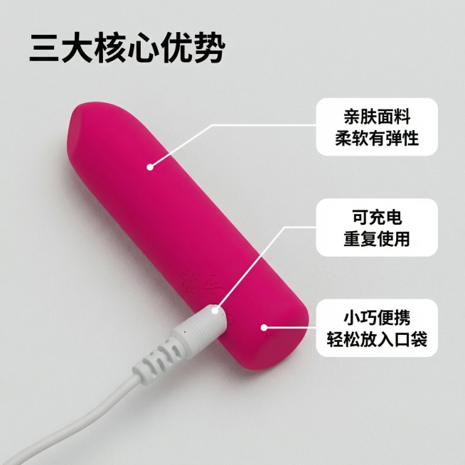 [主图 2] 产品核心卖点可视化展示图
[氛围/风格] 简约科技，清晰直观，质感高级
[画面元素] 在原有玫红色按摩器产品基础上，进行卖点标注，产品斜放占据画面中心，保留产品外观，背景为干净浅灰色，添预览效果