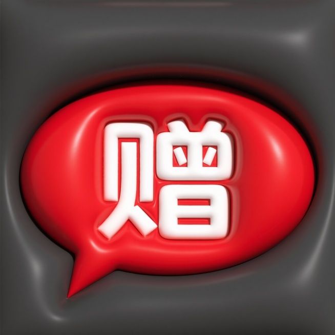 一个红色圆形对话框图标，内部有白色“赠”字，采用光滑塑料质感，带有高光和阴影效果，保持简洁醒目的设计风格，传达赠送的含义。预览效果