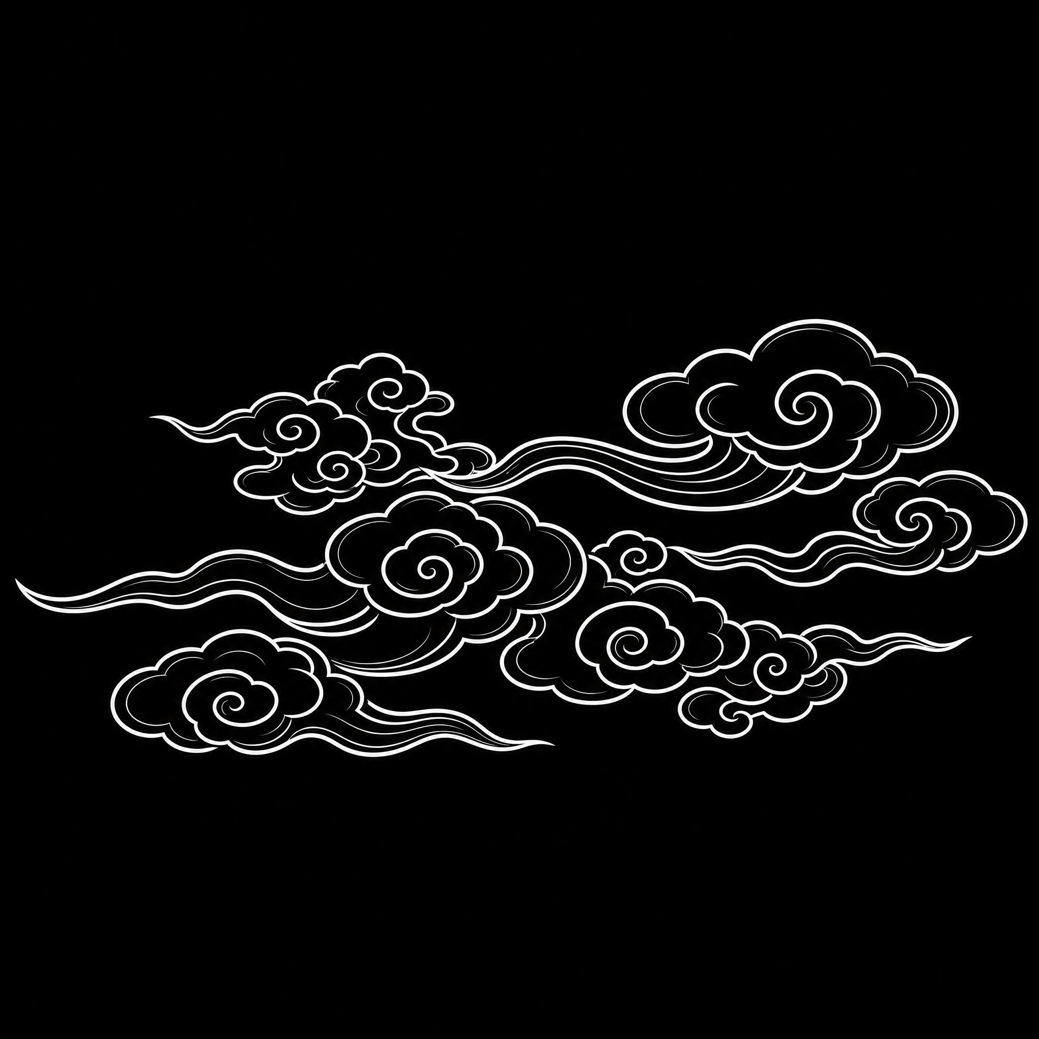 中国传统祥云图案，白色线条勾勒，纯黑色背景，线条流畅优美，云纹… - 图片创意预览