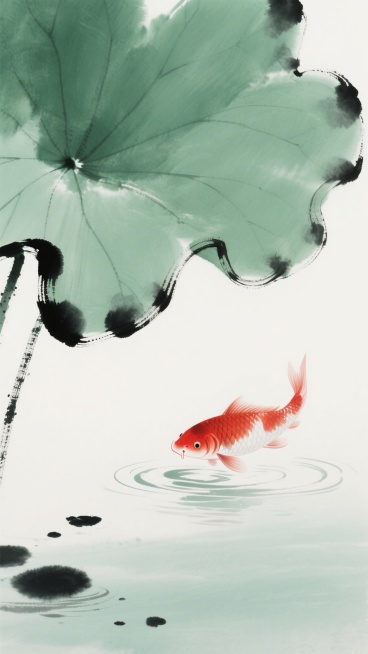 中国水墨画风格，淡雅的绿色调荷叶与红色锦鲤，大量留白的背景，荷叶边缘有墨色晕染效果，水面有墨点涟漪，锦鲤姿态灵动，整体营造出宁静致远的氛围，无文字，无logo，无二维码，无电话地址，视觉层次清晰，以绿色荷叶为主视觉元素，红色锦鲤作为点缀，水墨笔触柔和自然，色彩过渡细腻，构图疏朗有致，充满东方禅意的意境。预览效果