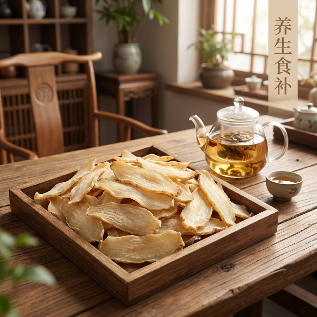 [主图 4] 天麻片居家场景体验展示图。[氛围风格] 真实生活场景，自然代入感。[画质] 商业摄影质感，光线柔和通透，产品清晰真实，画面干净高级。[元素] 方形木盘装天麻片放置在中式茶室桌面，旁边搭配预览效果