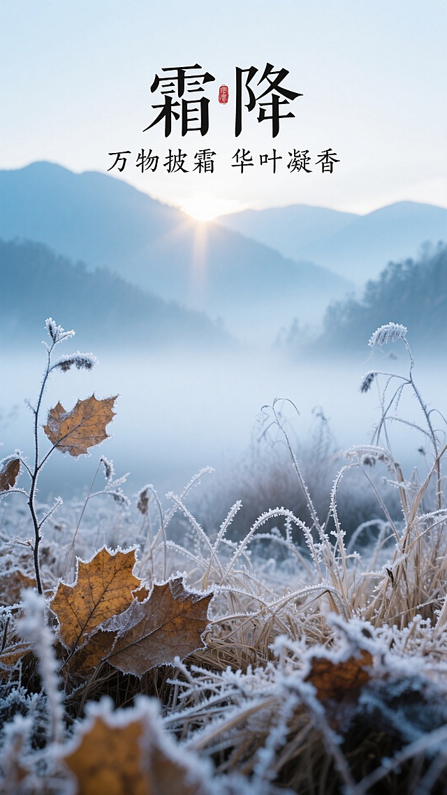 霜降时节，晨雾缭绕山间，霜覆草叶，光影柔和，水墨风与实景结合，大字风书法点睛，尽显中式静谧唯美感。