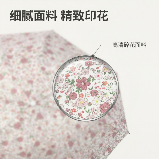 垫图为输入图，产品保持外观和碎花图案与原图100%一致，主图主题为碎花晴雨伞伞面细节展示，氛围风格为清新细腻质感风，画面元素：主体为撑开晴雨伞的伞面局部，叠加圆形放大镜框展示碎花面料的纹理细节，框内图预览效果