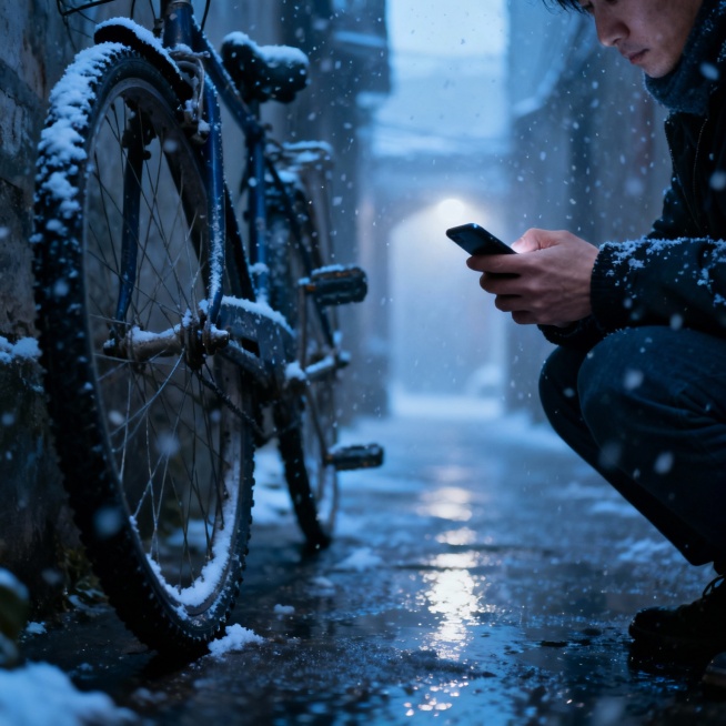 标题页
标题：雪落时的暖光
副标题：冬日里的一次意外相遇
配图提示：飘着细雪的老巷，昏黄路灯晕开暖光
第 1 页：巷口的困境
晚课后的老巷浸在雪雾里，我攥着冻僵的手机 —— 电量彻底清零，自行车还爆预览效果