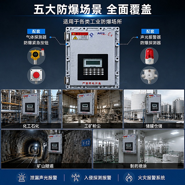 [主图-4] 五大工业防爆适用场景展示 宫格版式
[氛围风格] 多场景应用展示 专业工业风 实用导向
[画质] 商业摄影质感 场景真实 产品清晰 画面信息丰富层次分明
[元素] 画面上方为海康威视防爆报警主机产品图 居中偏上 产品占画面约30% 正面展示。下方为5宫格场景图 每格展示一个典型应用场景 场景中都有该防爆报警主机安装使用的画面。保持产品外观结构 材质 颜色与输入产品图一致 杜绝变形。五个场景分别是：1.化工石化场景（化工厂区管道背景）2.工矿粉尘场景（面粉厂车间背景）3.储罐仓储场景（化学品储罐区背景）4.矿山隧道场景（井下隧道背景）5.制药喷涂场景（制药车间背景）
[光影] 整体光线明亮 产品主光从上方照射 各场景格内光线符合场景氛围 统一偏冷调工业感
[配色] 主色深蓝灰背景 辅色银灰（产品） 各场景格有各自场景色调但统一冷调 强调色亮蓝色（标题与图标）
[视角构图] 上下结构 上产品下5宫格 满版排布 5宫格均等分 每格有场景图加底部标签
[文字版式] 顶部大标题"五大防爆场景 全面覆盖" 白色粗体大字 下方小字"适用于各类工业防爆场所"。5宫格每格底部有半透明深色条 白字标注场景名称："化工石化" "工矿粉尘" "储罐仓储" "矿山隧道" "制药喷涂"。产品两侧有引线标注配套设备：左侧"配套 气体探测器 防爆紧急按钮" 右侧"配套 声光报警器 防爆探测器"。底部通栏深蓝底 三列文字："泄漏声光报警" "入侵探测报警" "火灾报警系统" 每列上方有对应图标
[输出要求] 1:1比例 文字清晰可辨 超高清商业摄影质感 场景真实自然
[负向提示词] 变形 文字错乱 产品模糊 背景杂乱 水印 电商平台Logo 人物面部扭曲
