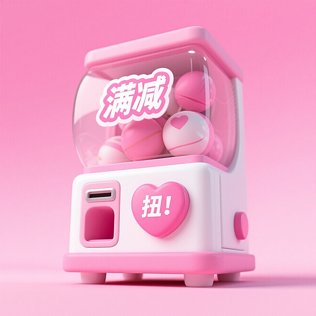 粉色软3D风扭蛋机，卡通可爱造型，满减促销主题，塑料质感，甜蜜节日氛围。