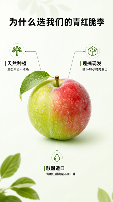 [第4屏] 核心卖点拆解-青红脆李三大优势展示。
[氛围/风格] 清晰信息风，干净排版，自然清新，商业生鲜展示质感。
[元素布局] 顶部大标题，中心放置整颗青红脆李产品图，保持果实外观颜色与输入产品一预览效果