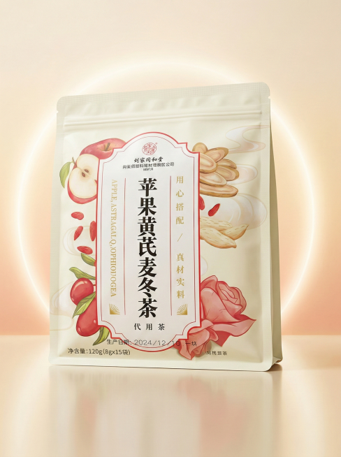 苹果黄芪麦冬茶产品主图，突出产品包装，背景使用柔和的暖色调渐变，添加轻微光晕效果，让产品更突出，包装上的文字清晰可见，整体风格简洁有吸引力预览效果