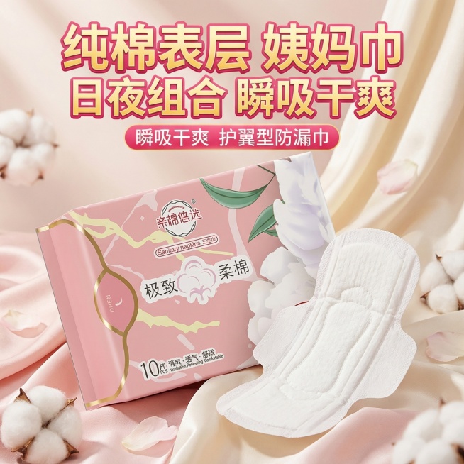 我是网店卖家，产品是女士生理期用品卫生巾，根据你的经验帮我生成一个电商主图，/提升一些包装质感，切记不要出现网络违禁词,略微提升质感包装袋生成的包装主体不能改变，/背景可以更换更适合产品的高级背景/突预览效果