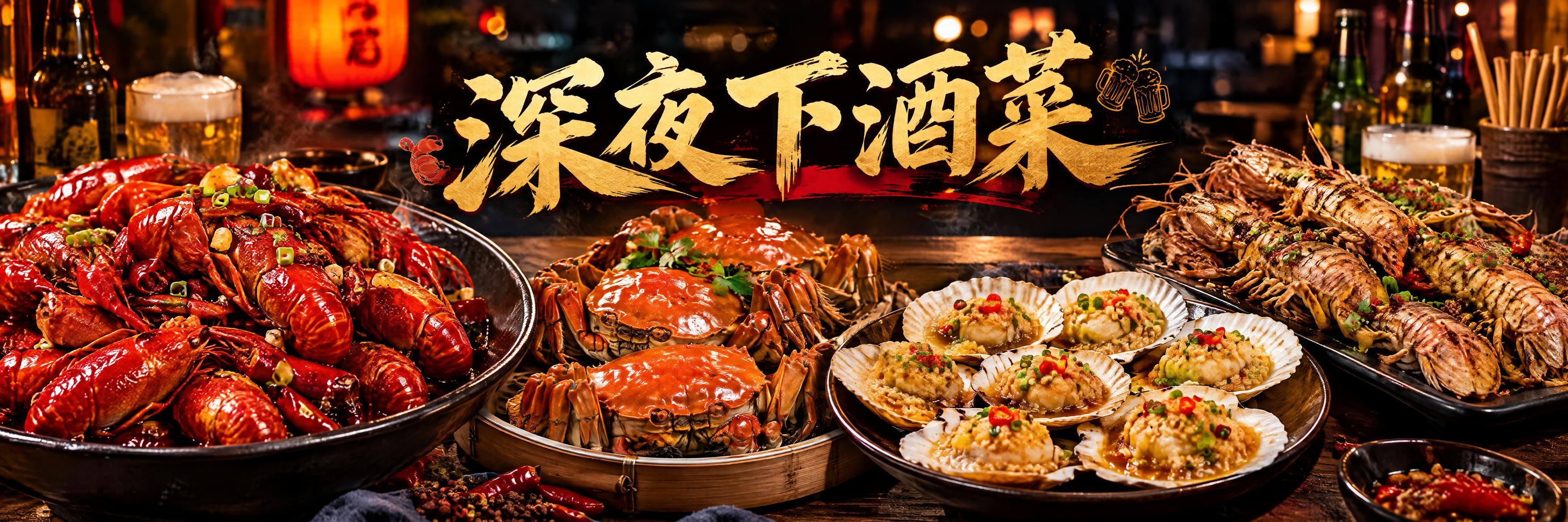 深夜下酒菜海鲜海报，写真美食风格，画面展示丰盛的海鲜大餐，有麻… - 图片创意预览