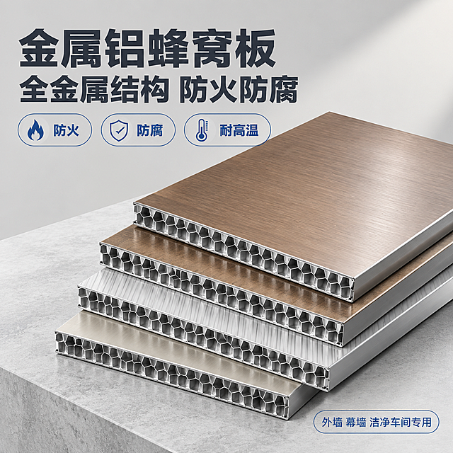 [主图-4] 主题：金属铝蜂窝板 SKU 单品展示，突出全金属蜂窝结构与防火防腐性能，体现高端工业质感。
[统一基调] 整体风格为工业建材专业质感，干净稳重；背景主色为浅灰色到米白色渐变；标题字色为深炭灰色，辅助字色为中灰色，强调色为藏蓝色；字体为无衬线粗体，现代硬朗；卡片和图标采用细线描边圆角矩形，简洁专业，不做夸张电商特效。
[画面] 画面中央偏右位置展示金属铝蜂窝板样品，以45度微俯视角度摆放，板材表面为金属质感的平整饰面，边缘有金属包边，侧面截面清晰展示全金属铝蜂窝芯复合结构，金属蜂窝芯层和金属面板层次分明，体现高端工业质感；板材放置在浅灰色石材台面上，投射自然柔和的接触阴影；左侧上方放置产品名称大字，下方排列三个核心性能标签，分别标注防火、防腐、耐高温；右下角补充适用场景短句如「外墙 幕墙 洁净车间专用」；产品整体占画面约65%，保持产品外观、结构、材质、颜色与输入图完全一致，表面干净无灰尘污渍。
[光影质感] 商业摄影棚拍质感，主光从左上方45度照射，右侧柔和补光，突出金属表面的冷硬反光质感和蜂窝芯层的精密结构，金属边缘包边体现锐利的线条感，光影层次丰富。
[配色] 背景浅灰渐变，产品保持金属本色，文字深灰+藏蓝强调，整体低饱和度专业配色。
[文字版式] 左上角产品名称分两行：第一行「金属铝蜂窝板」，第二行「全金属结构 防火防腐」，字号大且粗；下方三个圆角胶囊横向排列，分别写「防火」「防腐」「耐高温」，每个胶囊配对应小图标；右下角小号适用场景说明；所有文字横排，不遮挡产品主体关键部位。
[输出要求] 1:1正方形，2048px分辨率，文字清晰锐利，金属质感真实，蜂窝结构精密清晰，无变形、错字、模糊、杂乱、水印、平台Logo，无多余装饰元素。