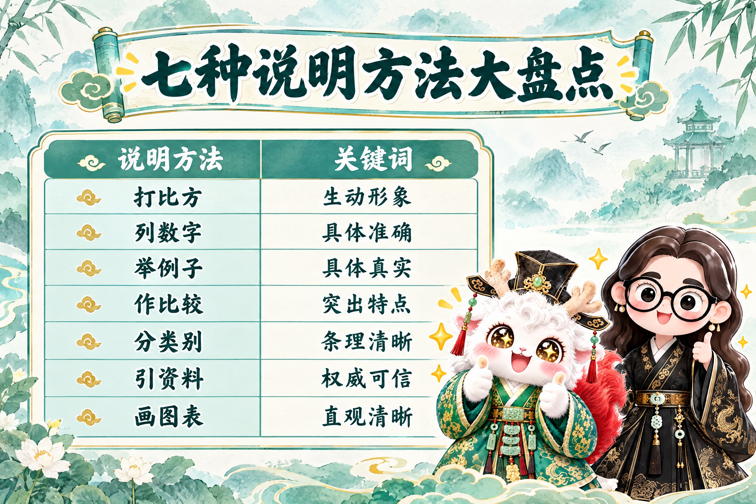 横版6寸比例的知识卡片设计，标题为"七种说明方法大盘点"，画面… - 图片创意预览