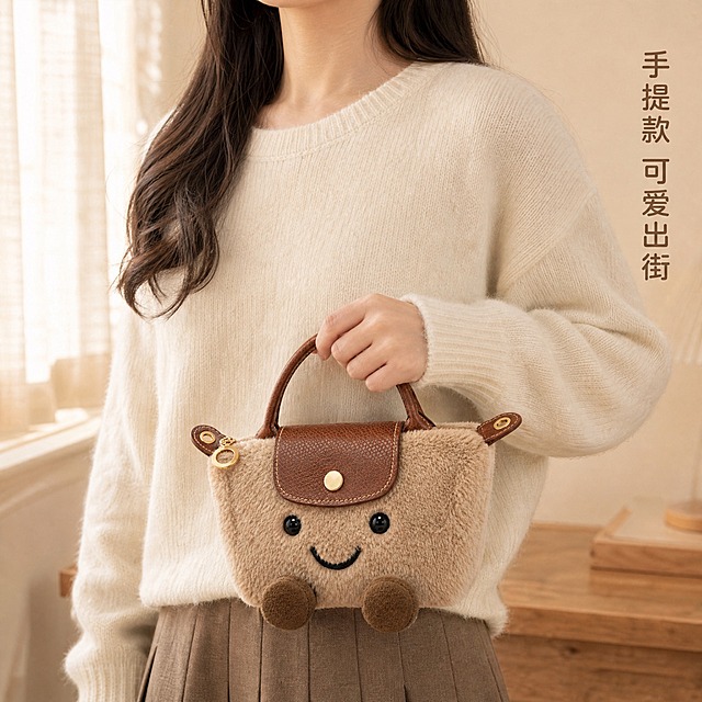 [主图-2] 迷你饺子包上身手提效果展示，突出包包大小比例与日常搭配感。
[统一基调] 温暖治愈可爱风格，浅米色柔焦渐变背景，奶咖棕主色调搭配金色点缀，圆润圆润无衬线字体，整体柔和高级有质感。
[画面] 一位年轻亚洲女生半身出镜（腰部以上），身穿米白色针织毛衣，右手自然提着迷你饺子包的皮质提手，包包垂在身体右侧腰际位置。女生只露出下巴到腰部区域，不露出面部，重点突出包包。包包正面朝向斜前方45度，完整展示笑脸、小脚和整体造型。背景是柔和的浅米色室内场景，隐约可见奶油色窗帘和木质家具边缘，营造温馨居家氛围。
[光影质感] 柔和自然光从左侧窗户照入，人物和包包光影自然统一，毛绒材质在光线下呈现蓬松柔软质感，皮质提手有自然光泽，整体温暖柔和。
[配色] 背景浅米奶油色调，人物米白毛衣，包包浅卡其色毛绒+深棕色皮质+金色五金。
[文字版式] 画面右上角竖排小字"手提款 可爱出街"，深棕色圆润字体，字号较小不抢主体。
[输出要求] 1:1正方形比例，2K高清，包包清晰锐利，毛绒纹理细腻，人物手部自然无畸形。禁止变形、错字、模糊、水印、平台Logo、面部露出。