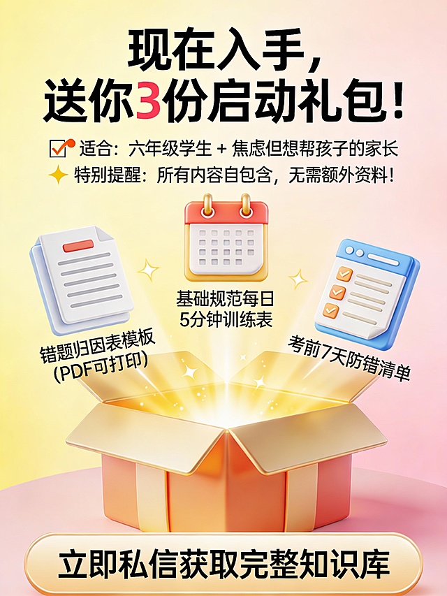 标题：
现在入手，送你3份启动礼包！

礼包内容（图标+文字）：
🎁 错题归因表模板（PDF可打印）

🎁 基础规范每日5分钟训练表

🎁 考前7天防错清单

购买说明：
⏱️ 适合：六年级学生 + 焦虑但想帮孩子的家长
✨ 特别提醒：所有内容自包含，无需额外资料！
视觉提示：
中央放一个“礼盒”插画，打开后飞出三份资料图标
底部大按钮样式文字：“立即私信获取完整知识库”