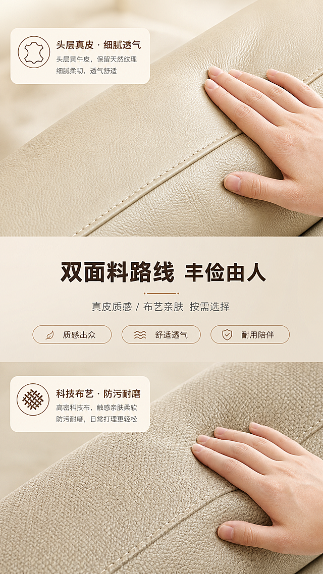 [商品] 使用【图1】浅米色三人位沙发局部面料特写；保留沙发面料纹理、缝线工艺、颜色质感；商品处理：放大面料细节，增强纹理质感与缝线清晰度，分别展示布艺与真皮两种面料效果，不改变原有材质特征。
[画面] 目标：材质面料证明页，对比展示布艺与真皮双面料路线，体现丰俭由人。构图：上下分栏，上半部分为真皮面料特写+手部触摸，下半部分为布艺面料特写+手部按压；中间为文案分隔区；每部分占画面约40%；背景为浅米色柔焦。
[视觉] 套系策略：风格=意式极简奶油风商业摄影；标题字=现代无衬线粗体中文；正文字=简洁无衬线体中文；主色=奶油米白；背景延展=基于奶油米白做深浅层级、同色渐变和细腻墙面/织物质感；强调色=奶茶棕，仅用于小面积图标、引线和标签；标题色=深暖棕；正文色=中暖灰；组件=圆角浅底信息卡、细线引线、胶囊形卖点框；光影=侧方暖柔微距光，突出面料纹理质感，整体亮色调。
[文字] 中间文案区：主标题"双面料路线 丰俭由人"（8字），副标题"真皮质感 / 布艺亲肤 按需选择"（14字）；上半区标注「头层真皮 · 细腻透气」，下半区标注「科技布艺 · 防污耐磨」；配小图标；全部横向排版，手机端清晰可读。
[规格] 图片比例9:16竖版，4K，避免变形、错字、文字过小、冷蓝/蓝灰背景、面料颜色改变、极限词。