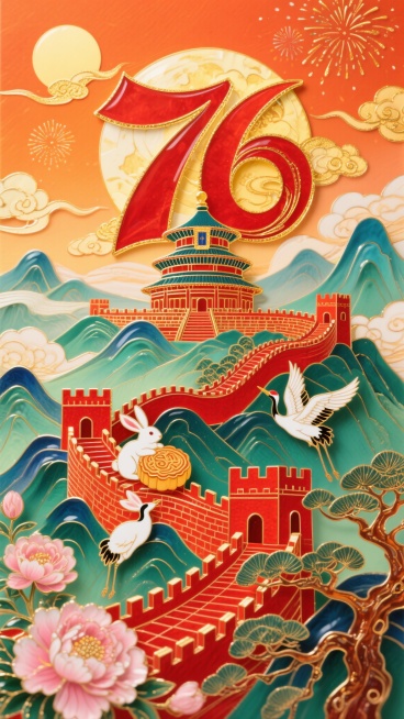 非遗珐琅工艺风格，红、橙、金暖色调营造喜庆氛围，竖版9:16层次丰富构图。顶部暖橙色天空点缀金色祥云与烟花，中部偏上艺术化红色数字“76”融合天坛建筑剪影，数字下方蜿蜒红色长城横贯画面，长城两侧及下方预览效果