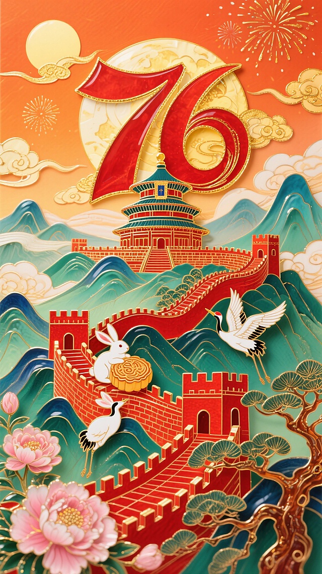 国潮风插画，融合剪纸与鎏金元素，展现中式古典韵味。长城蜿蜒，天坛巍然，玉兔捧饼，仙鹤飞翔，数字“76”立体浮雕，喜庆梦幻，尽显民族自豪与节日氛围。