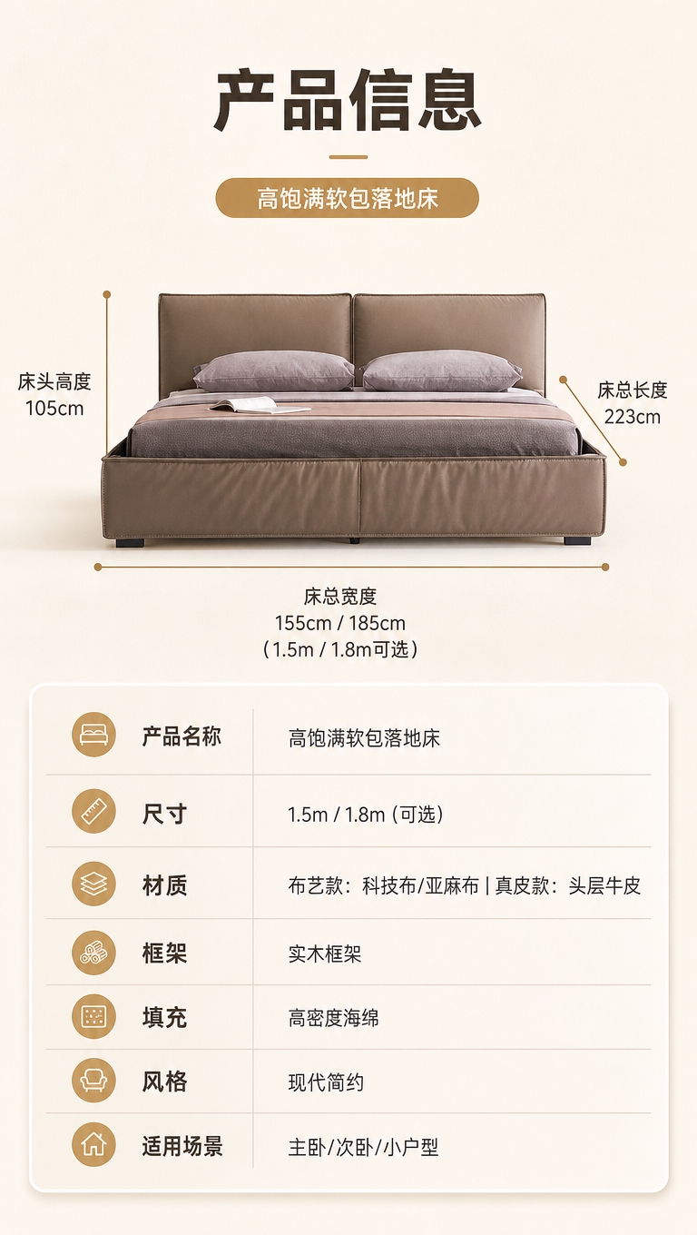 [商品] 使用【图1】高饱满软包落地床；商品处理：保留床头双软… - 图片创意预览
