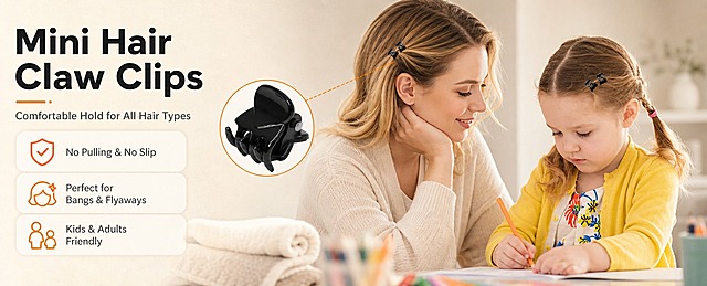 [商品] 使用【图1】【图5】的黑色迷你小抓夹；保留抓夹的亮面黑色、蝴蝶形/爪形结构、金属弹簧、齿梳夹口、迷你尺寸比例；商品处理：增强亮面塑料光泽与金属弹簧质感，去除杂色，保持夹体结构完整不变形。
[画面] 目标：风格头图主视觉海报，突出迷你抓夹舒适百搭、全年龄段适用。左文右图构图，左侧文字区占35%，右侧场景图占65%；右侧为欧美成年女性与欧美小女孩双人物组合场景，两人均佩戴同款黑色小抓夹，女性侧颜微笑、女孩低头画画，暖调自然光，背景为浅米色家居环境，前景有柔和虚化的桌面文具与毛巾道具；抓夹在头发上清晰可见，产品占画面约15%但视觉焦点明确；阅读动线从左上标题到右侧人物。
[视觉] 套系策略：风格=跨境极简高级商业摄影；标题字=现代无衬线粗体；正文字=简洁无衬线体；主色=暖黑+浅米杏；背景延展=基于浅米杏做深浅层级、同色渐变和细腻纸张/织物质感；强调色=暖橙色，仅用于小面积图标、引线和标签；标题色=深炭黑；正文色=中暖灰；组件=圆角浅底信息卡、细线引线、圆形产品放大框；光影=左前侧暖柔光，柔和自然阴影。
[文字] 左上主标题"Mini Hair Claw Clips"，副标题"Comfortable Hold for All Hair Types"，下方3个短卖点：No Pulling & No Slip、Perfect for Bangs & Flyaways、Kids & Adults Friendly；文字横向排版，层级清晰，不遮挡人物脸部与抓夹主体。
[规格] 图片比例61:25横版，4K分辨率，亚马逊高级A+电脑端；避免变形、错字、文字过小、亚洲面孔、冷蓝/蓝灰背景、抓夹颜色改变、结构失真、绝对化宣传语。