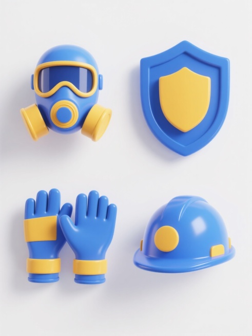 四个不同防护元素的系列图标集合，保持相同的3D立体风格，蓝色为主色调，黄色作为点缀，每个图标都有光滑的渐变表面和清晰的边缘高光，图标包括防毒面具、盾牌、防护手套和安全帽，它们被规整地排列在纯白色背景上，形成一个统一且专业的防护装备系列素材。预览效果