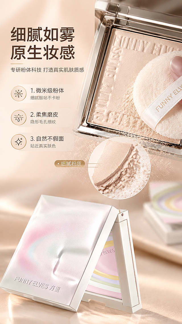 [商品] 使用【图1】银色方盒粉饼和【图4】白壳渐变彩虹粉饼；保留粉饼方形外壳、镜面、内部粉体压纹（FUNNY ELVES浮雕）、渐变彩虹压纹等全部原貌；粉体质地细腻，颜色为自然裸肤色系。
[画面] 页面目标：质地妆效展示，突出粉饼粉体细腻柔焦与上脸服帖效果。构图：左文右质地型，左侧文字区占35%，右侧65%为粉饼粉体微距特写+粉扑沾粉动态；粉体断裂切面展示细腻粉质，空气中有细微粉雾；前景粉扑轻压粉饼，背景虚化粉饼盒。
[视觉] 套系策略：风格=高级质感美妆商业摄影，暖调裸色系精致光影；标题字=现代简约无衬线粗体；正文字=纤细优雅无衬线体；主色=暖米杏/裸肤色；背景延展=基于暖米杏做深浅渐变、柔雾质感与浅金光泽点缀；强调色=浅金棕，仅用于小面积图标、引线和标签高光；标题色=深棕咖；正文色=中暖灰；组件=圆角浅底信息卡、细线引线、圆形icon；光影=左前侧45度暖柔光，粉体颗粒有细腻高光。
[文字] 左侧顶部主标题："细腻如雾 原生妆感"，副标题："专研粉体科技 打造真实肌肤质感"；下方3条编号卖点：1.「微米级粉体」细腻服帖不卡粉 2.「柔焦磨皮」隐形毛孔细纹 3.「自然不假面」贴近真实肤色；文字横向排版，字号保证手机端可读。
[规格] 图片比例9:16竖版，4K分辨率，负向提示：避免变形、错字、文字过小、冷蓝/冷灰背景、粉体颜色失真、颗粒感过重、极限词。