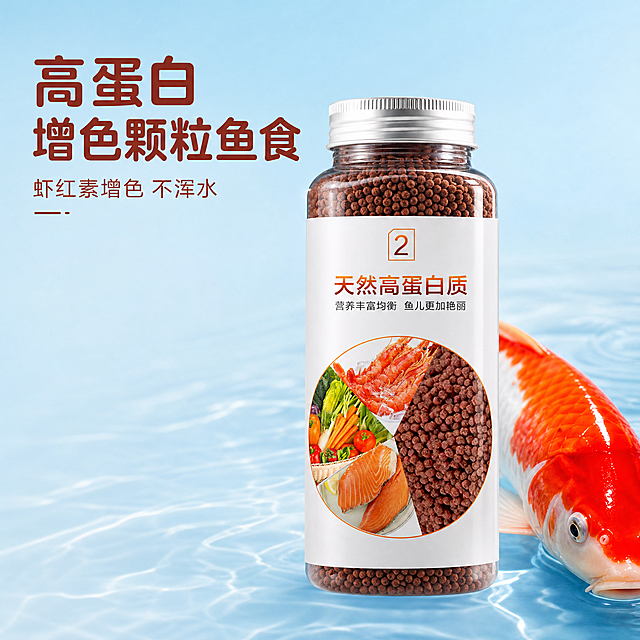 「图片1」，生成一套主图（5张），商品名称是通用型鱼食小颗粒锦鲤招财饲料家养观赏金鱼虾红素增色鱼粮不浑水鱼粮350ml/瓶(品牌随机)，卖点是高蛋白含虾红素，给鱼增色提色；颗粒耐泡不浑水，营养全面，适配各类常见观赏鱼，不要改变原包装，适配淘宝/天猫平台，主图比例为1:1