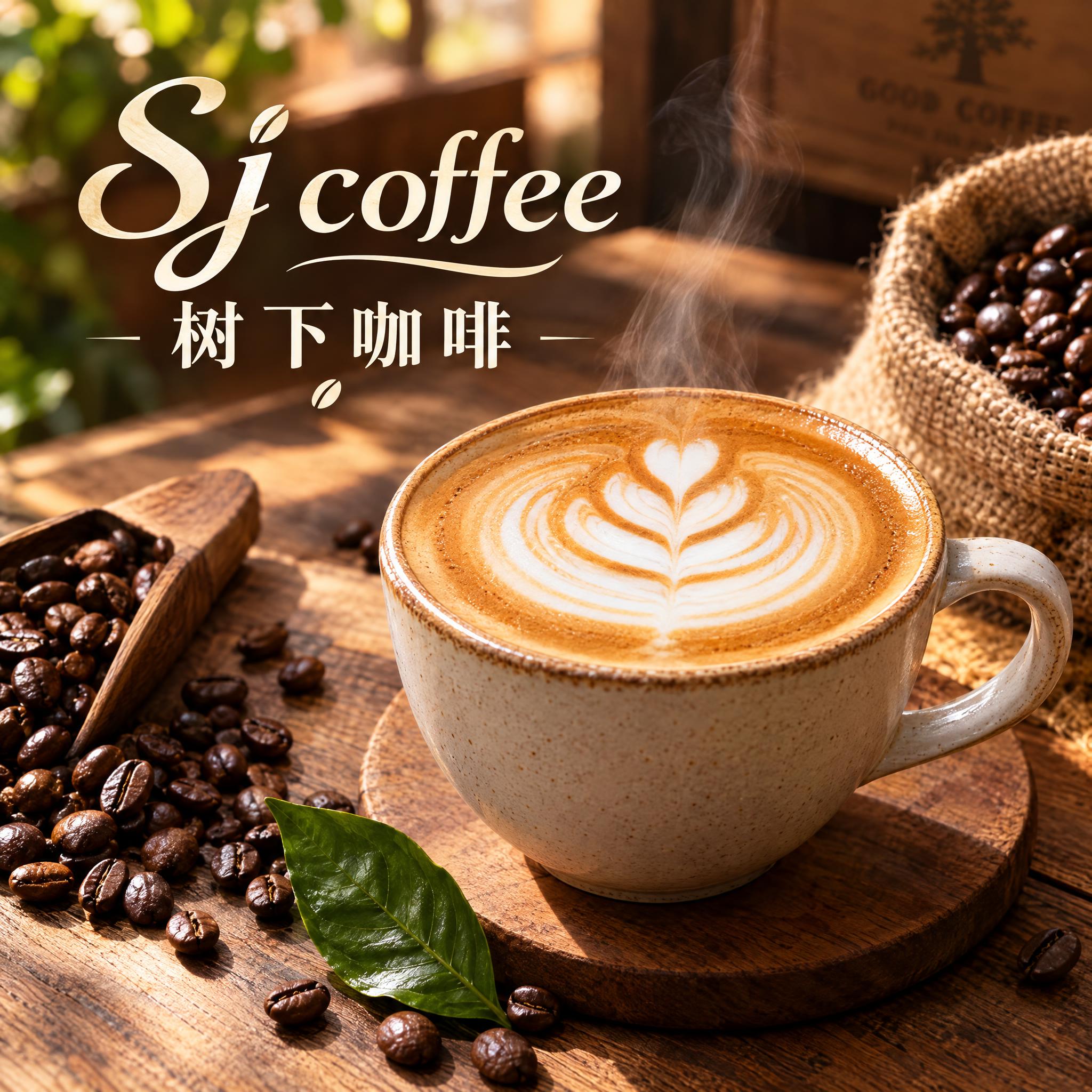咖啡店品牌头像设计，店名"Sj coffee 树下咖啡"，写实… - 图片创意预览