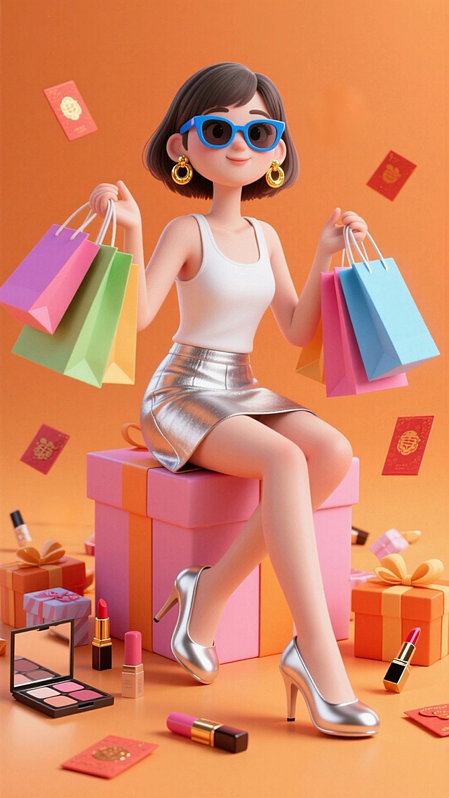 短发女性，戴蓝墨镜、金耳环，穿白背心、银短裙、银高跟鞋，坐粉橙相间礼盒上，手持多色购物袋。周围散落红包、口红、眼影盘、小礼盒等元素，橙色渐变背景