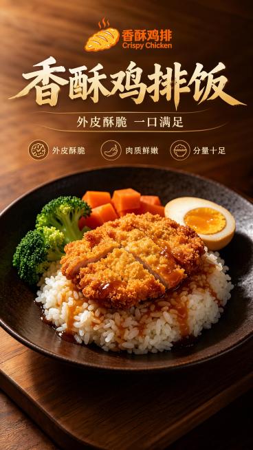 商品营销海报，9:16竖版，写实商业摄影风格，暖调食欲风，主视觉为鸡排饭，100%还原图1中鸡排饭的产品外形、鸡排切块、酱汁、配菜米饭、摆盘，产品主体清晰不遮挡。将图2的香酥鸡排logo放在海报顶部。预览效果