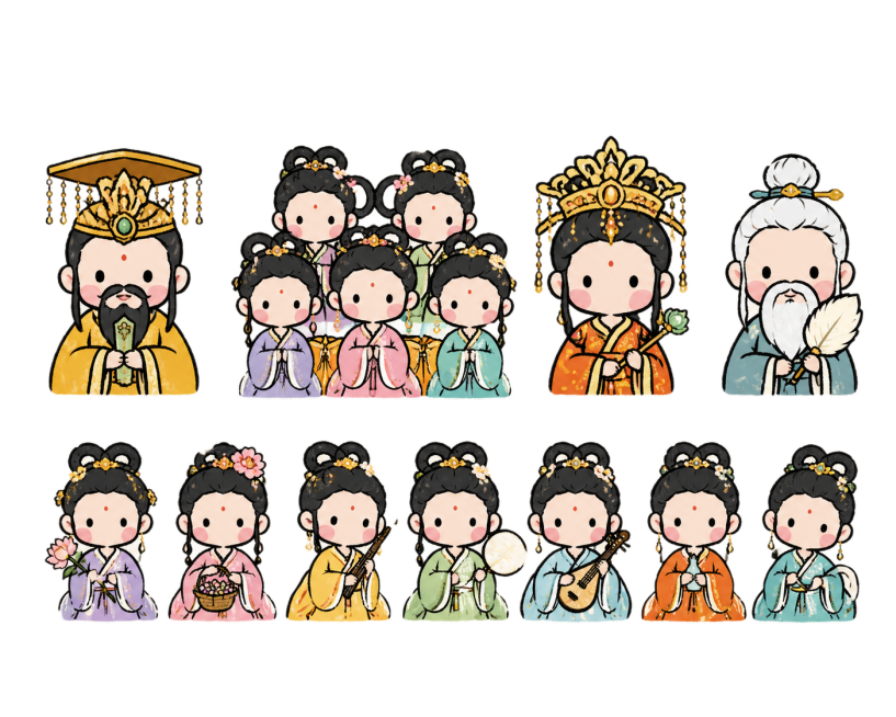 参考参考图片的可爱简约Q版卡通插画风格，重新绘制包含玉皇大帝、七仙女、王母娘娘、太乙真人四个神话人物，采用头像胸像排列布局，移除所有水印，保持整体配色和线条风格和参考图一致，背景为米白色纹理纸背景预览效果