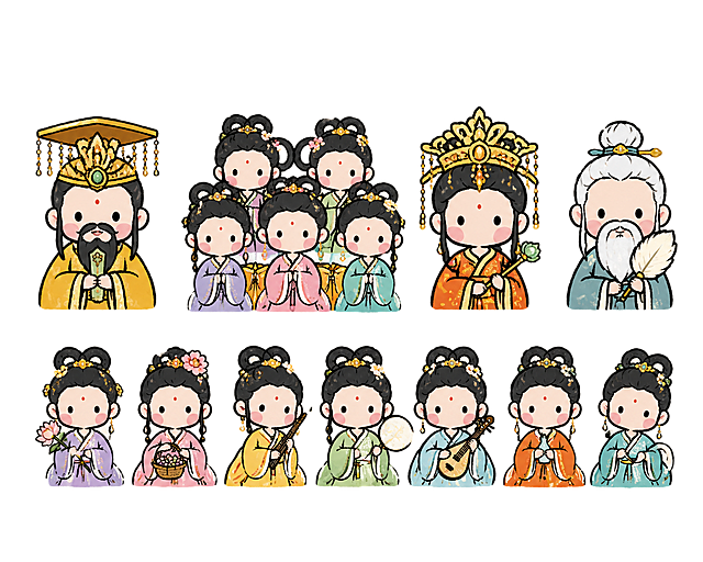 参考参考图片的可爱简约Q版卡通插画风格，重新绘制包含玉皇大帝、七仙女、王母娘娘、太乙真人四个神话人物，采用头像胸像排列布局，移除所有水印，保持整体配色和线条风格和参考图一致，背景为米白色纹理纸背景