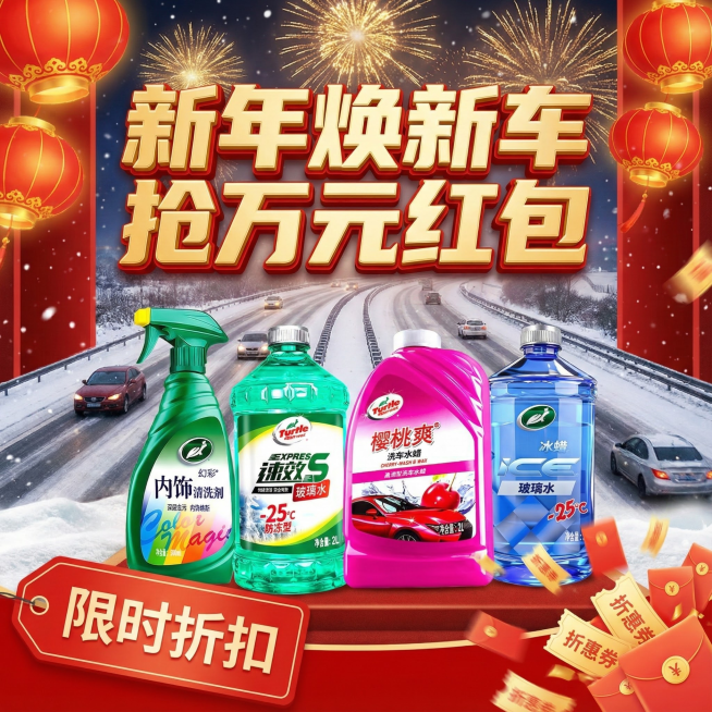 帮我生成几张高点击率的汽车用品直播间入口图。具有元旦欢庆假日风格。以新年促销、红包金优惠券点缀素材吸引车主进入直播间。背景体现出公路汽车等元素。文案“新年焕新车 抢万元红包”视觉上采用吸引眼球的标题设预览效果