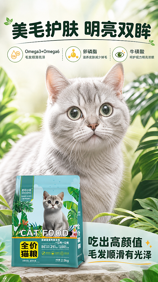 [商品] 使用【图1】尼可小花全价猫粮袋装产品；保留包装袋所有原貌特征；商品处理：产品袋放在画面底部，猫咪在产品旁展示毛发状态。
[画面] 页面目标：美毛护肤明亮双眸功能卖点，展示Omega3和卵磷脂功效；构图骨架：上图下文，上半部分毛发亮泽的猫咪特写，下半部分产品+功能说明；主体位置：画面上半部分，一只毛发顺滑有光泽的银渐层猫咪正面特写；主体占比：猫咪形象占画面约50%；景别：猫咪中近景特写；阅读动线：从上到下；前中后景：前景猫咪毛发特写，中景产品袋+功能文字，后景自然植物背景虚化；场景：自然光下的猫咪展示，毛发在光线下呈现健康光泽感，背景有热带植物叶片点缀。
[视觉] 套系策略：风格=自然清新森系商业摄影风；标题字=粗黑体圆润字形；正文字=简洁无衬线体；主色=青绿色（#2A9D8F）；背景延展=基于青绿色做深浅层级、同色渐变和自然植物/木纹/草地质感；强调色=暖黄色（#F4A261），仅用于小面积图标、引线、标签和数字高亮；标题色=深墨绿色；正文色=深灰绿色；组件=圆角浅绿信息卡、细线引线、叶片装饰元素；光影=侧前柔光，突出猫咪毛发的光泽和层次感。
[文字] 猫咪上方主标题："美毛护肤 明亮双眸"；下方3个功能点分三栏横排："Omega3+Omega6 毛发顺滑亮泽"、"卵磷脂 滋养皮肤减少掉毛"、"牛磺酸 呵护视力明亮双眼"；每个功能点配对应圆形小图标；底部产品袋旁标注"吃出高颜值 毛发顺滑有光泽"；所有文字横向排版，字号保证手机端清晰可读。
[规格] 图片比例9:16竖版，4K，避免变形、错字、文字过小、猫咪毛发质感差、冷蓝/蓝灰背景。