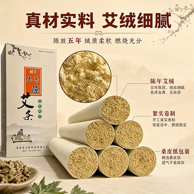 [主图-2] 艾绒材质细节图，证明艾条纯度与品质。
[统一基调] 中式养生风格，暖米杏色渐变背景，主标题深赭石色粗黑体，辅助文字深棕色，强调色朱砂红，整体温润典雅。
[画面] 画面中心放大展示艾条切面的艾绒微距细节，艾绒纤维细腻呈金黄色，可见细腻绒状质感。旁边摆放完整艾条和包装盒作为参照，主体占画面约70%。用圆形放大透镜突出艾绒切面的某一区域，展示绒质细腻无杂质。
[光影质感] 柔和顶光加侧光，突出艾绒的纤维纹理和蓬松质感，切面有丰富的明暗层次，绒丝根根分明，纸盒有真实纸质纹理。
[配色] 背景暖米杏色，艾绒自然金黄色，标题深赭石色，强调色朱砂红。
[文字版式] 顶部主标题“真材实料 艾绒细腻”，下方配小字说明“陈放五年 绒质柔软 燃烧充分”。右侧有三个引线标注分别指向艾条不同部位，标注“陈年艾绒”“紧实卷制”“桑皮纸包裹”。文字清晰不遮挡核心细节。
[输出要求] 比例1:1，艾绒细节清晰，文字可读，无变形，无错字，无水印，无平台Logo。