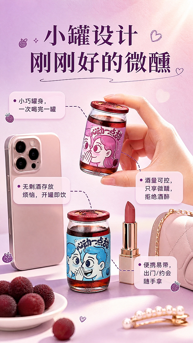 [商品] 使用【图1】粉蓝双罐小罐杨梅酒；保留瓶身标签、卡通形象、红色易拉盖、透明玻璃瓶、红色酒液；小罐与手部/日常物品对比展示小巧尺寸。
[画面] 目标：小罐设计卖点页，突出小巧便携。构图：中心产品+四周卖点引线型；画面中央粉蓝双罐叠放或并排，一只手轻轻握住粉色小罐展示尺寸，旁边放手机/口红等参照物对比大小；产品占画面50%；背景粉紫渐变，散落小图标和装饰元素。
[视觉] 套系策略：风格=甜美治愈系商业摄影，年轻情侣向，微醺氛围感；标题字=宋体粗体（标题）；正文字=无衬线字体（正文）；主色=粉紫色（浅粉+淡紫渐变）；背景延展=基于粉紫色做深浅渐变、柔焦光斑、细腻纸张质感；强调色=深紫色，仅用于小面积图标、引线、标签和重点词高亮；标题色=深紫色；正文色=深灰紫；组件=圆角浅粉信息卡、虚线引线、杨梅小图标；光影=左前侧柔光，产品和手部清晰，小罐质感通透。
[文字] 顶部主标题"小罐设计 刚刚好的微醺"；4个卖点用引线从产品四周引出：「▪小巧罐身，一次喝完一罐」「▪无剩酒存放烦恼，开罐即饮」「▪酒量可控，只享微醺，拒绝酒醉」「▪便携易带，出门/约会随手拿」；文字不遮挡罐身卡通形象。
[规格] 图片比例9:16竖版，4K，负向提示：避免手部失真、产品变形、文字过小、引线杂乱。