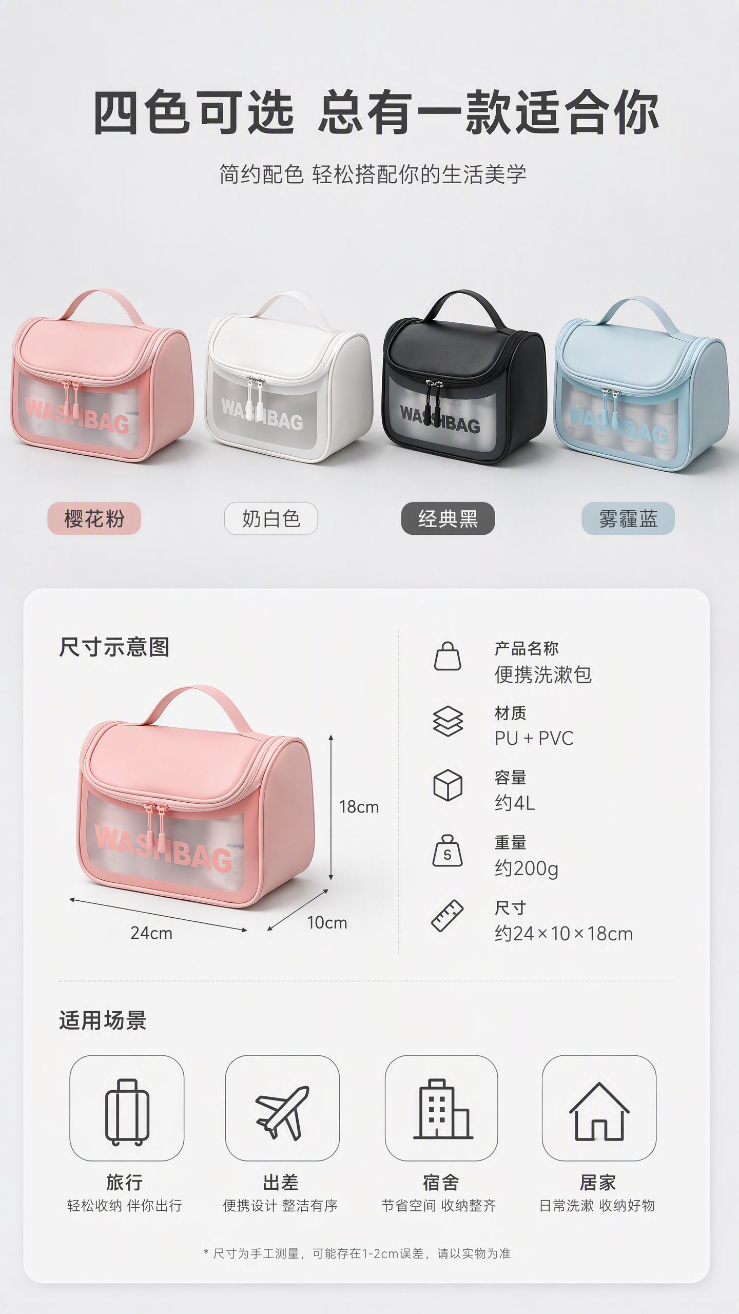 [第8张] 四色可选+规格参数-四色并列展示+尺寸标注。本张使… - 图片创意预览