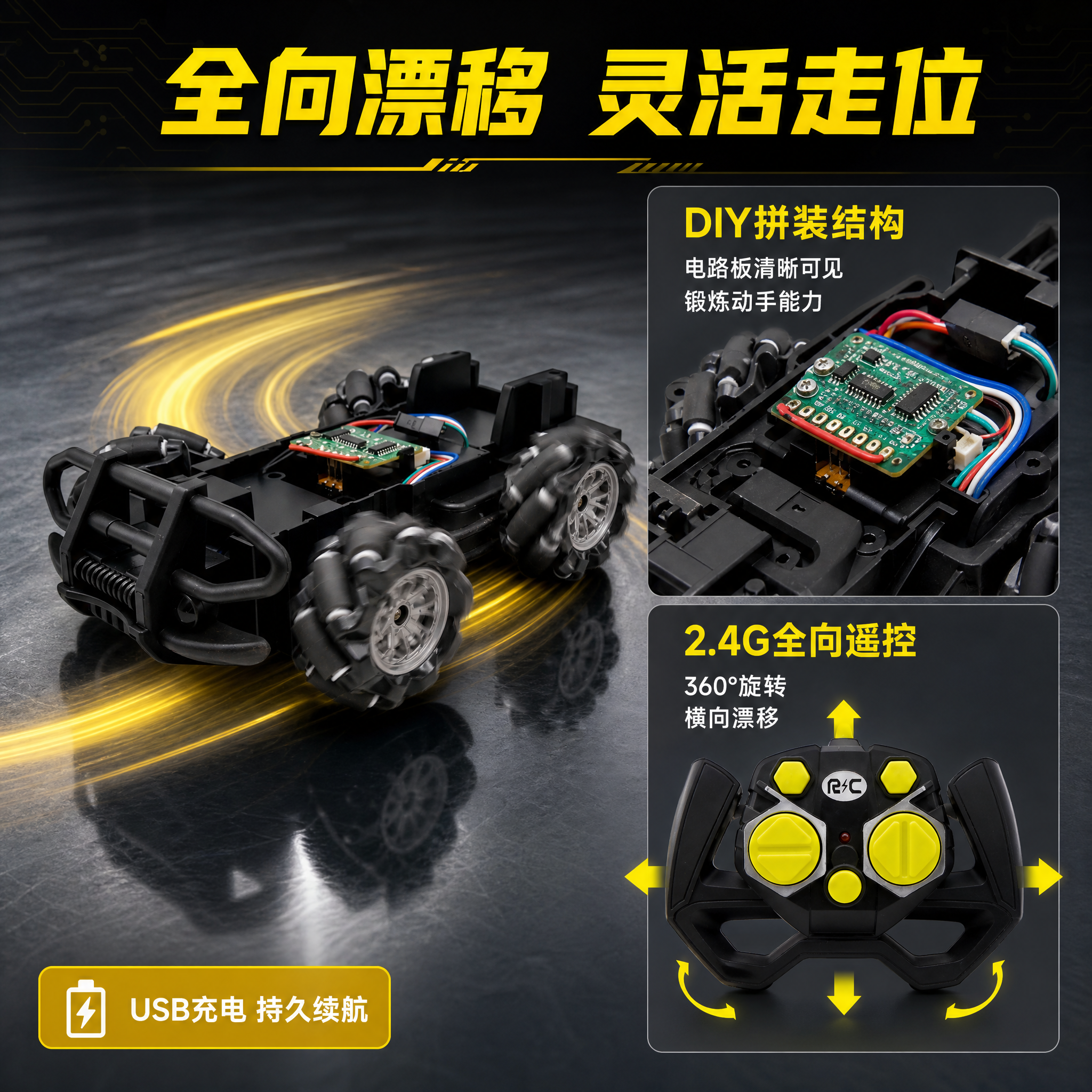 [主图-2] 麦克纳姆轮漂移遥控车（DIY拼装版）核心卖点图，… - 图片创意预览