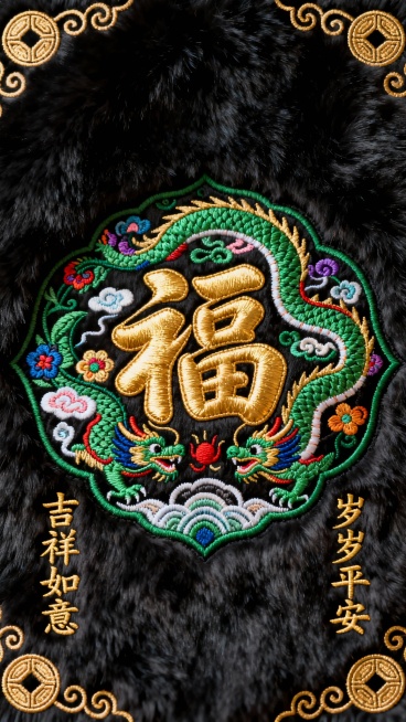黑色毛绒质感背景，表面覆盖精致刺绣图案，中央为金色立体刺绣汉字“福到”，字体饱满有光泽，周围环绕绿色为主色调的传统祥龙刺绣，龙身点缀彩色花纹和祥云图案，底部两侧绣有金色篆书祝福语“吉祥如意”和“岁岁平安”，边缘装饰金色圆形纹样和卷曲线条，整体风格喜庆传统，刺绣细节丰富，毛绒纹理清晰，色彩对比鲜明，营造出浓厚的节日氛围和高级质感。预览效果