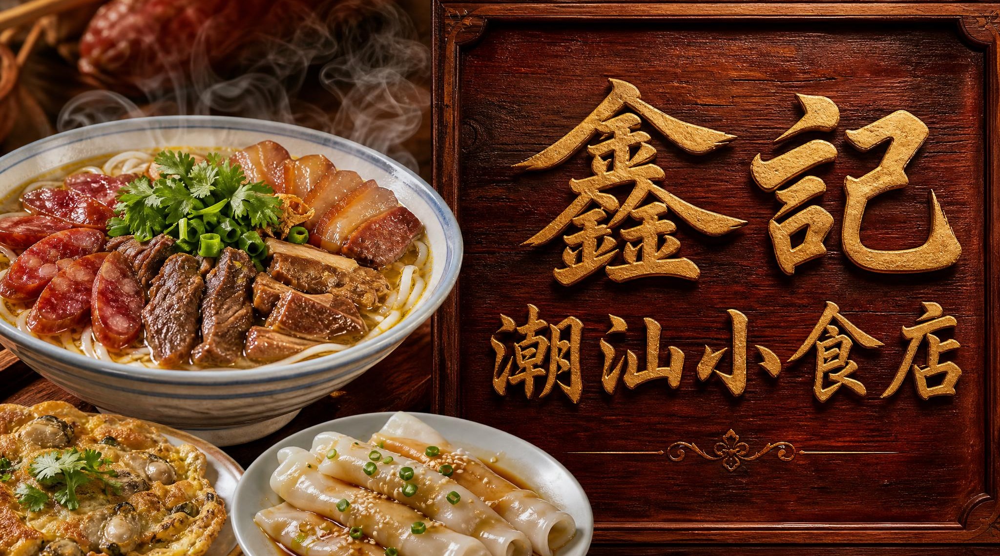 潮汕小食店店招设计，店名"鑫记潮汕小食店"，写实写真风格，偏向… - 图片创意预览