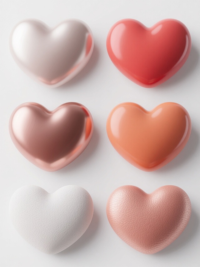 六个规整排布的3D心形，每个心形拥有不同材质质感，保持简约现代的整体造型，纯色背景，无任何文字、logo和水印，心形表面光滑圆润，具有柔和的高光和自然的阴影过渡，色彩鲜明且和谐统一，整体呈现出干净利落的视觉效果。