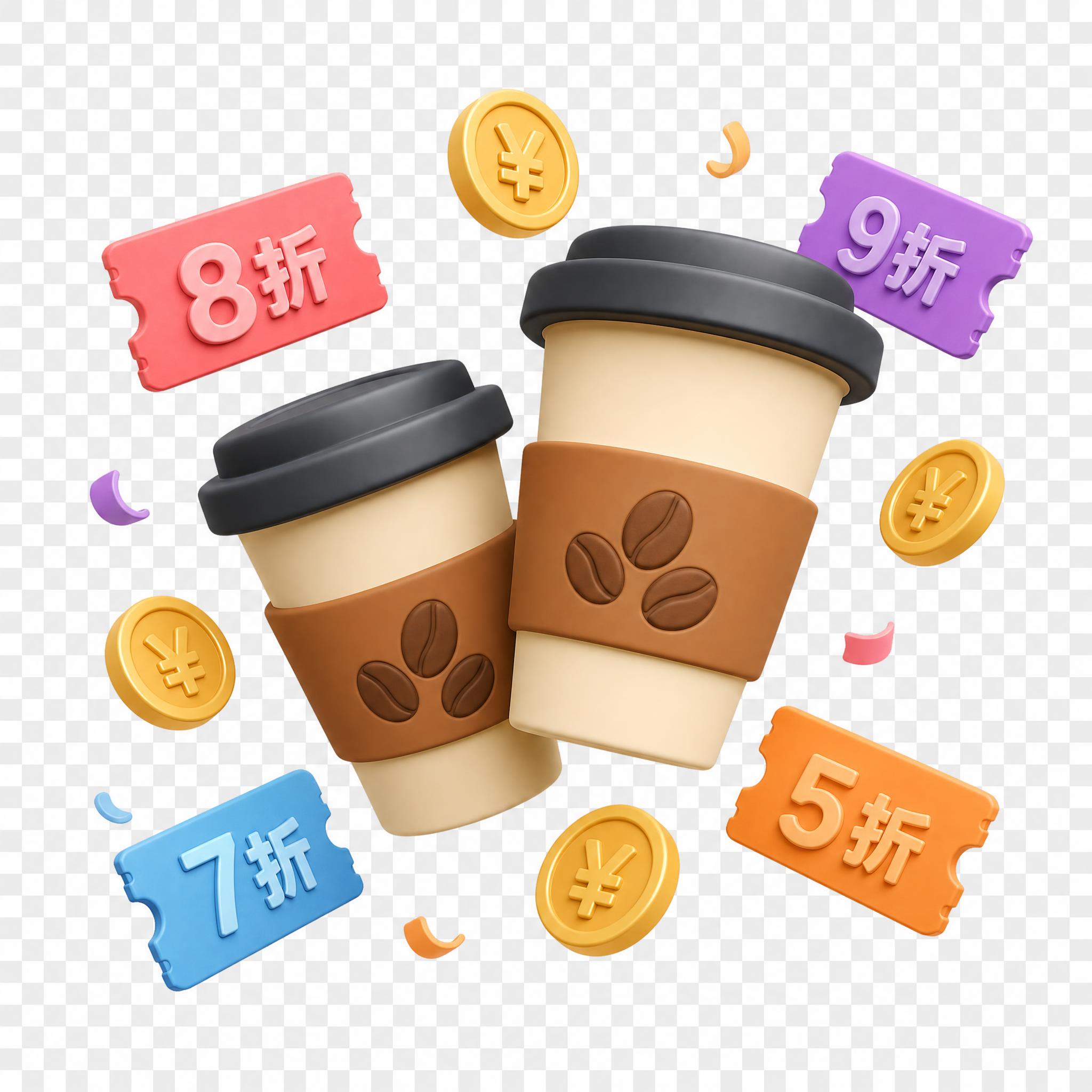 参考图3D C4D风格，两个带黑色杯盖的米色咖啡杯，杯身棕色杯… - 图片创意预览