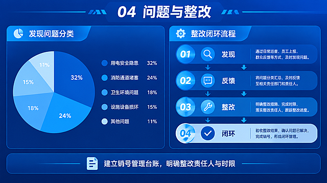 商务简约风格PPT内容页，横版16:9比例，深蓝色渐变背景。页面顶部标题栏写着"04 问题与整改"，白色粗体大字。页面左侧是"发现问题分类"，用饼图展示问题分类占比，包括"用电安全隐患"、"消防通道堵塞"、"卫生环境问题"、"设施设备损坏"、"其他问题"五个类别，配不同深浅的蓝色块。页面右侧是"整改闭环流程"，竖向排列四个步骤，用箭头连接：第一步"发现"、第二步"反馈"、第三步"整改"、第四步"闭环"，每个步骤有简短说明文字。底部有一行文字"建立销号管理台账，明确整改责任人与时限"。整体信息清晰，白色和浅蓝色文字。版式精美，左右分栏。画面中所有信息区域必须填充完整合理的内容，不得出现空白框或占位。