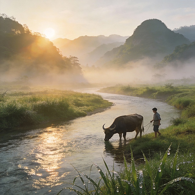 古代田园风光，清澈河流蜿蜒，绿草如茵，远处青山朦胧，清晨薄雾，3D卡通国漫风格，温暖阳光色调，牛郎少年牵着老牛在河边饮水