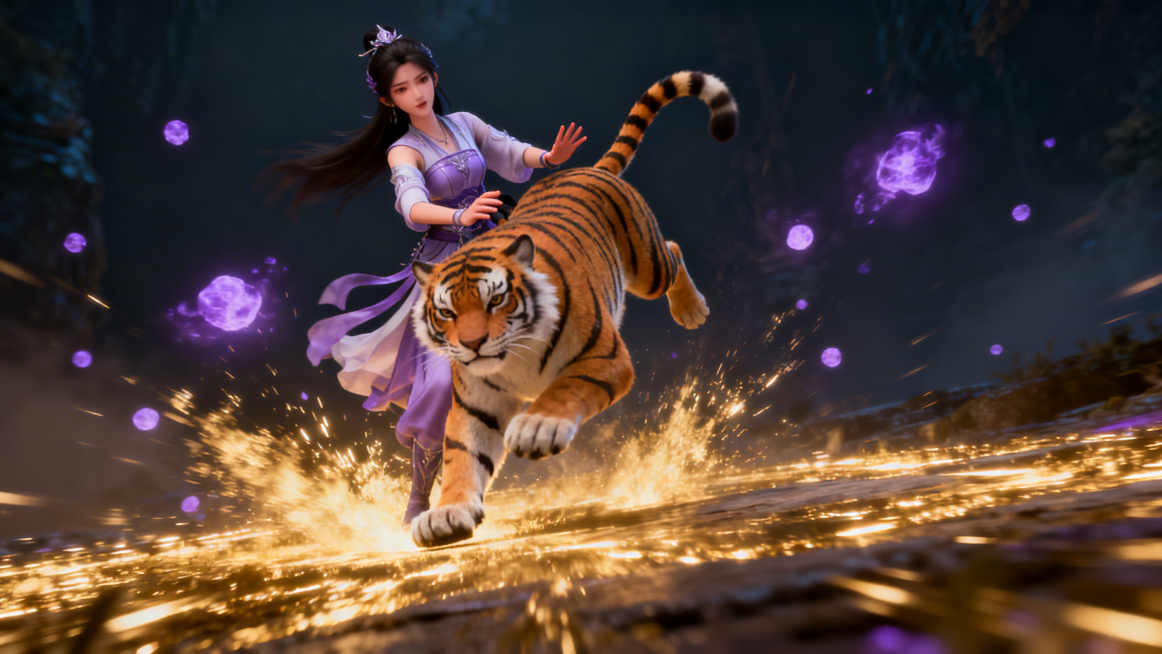 玄幻3D风格，中景：阿瑶惊得身体后仰，差点把虎烈摔出去预览效果