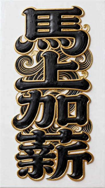 Calligraphy,一幅黑色的艺术字作品,内容是汉字“馬上加薪”,虽然是汉字,但是笔画极粗非常厚实饱满,笔画大体走势是黑体字（横平竖直),笔画非常粗,因为笔画太粗笔画之间相互堆叠交织缠绕,相互融合预览效果