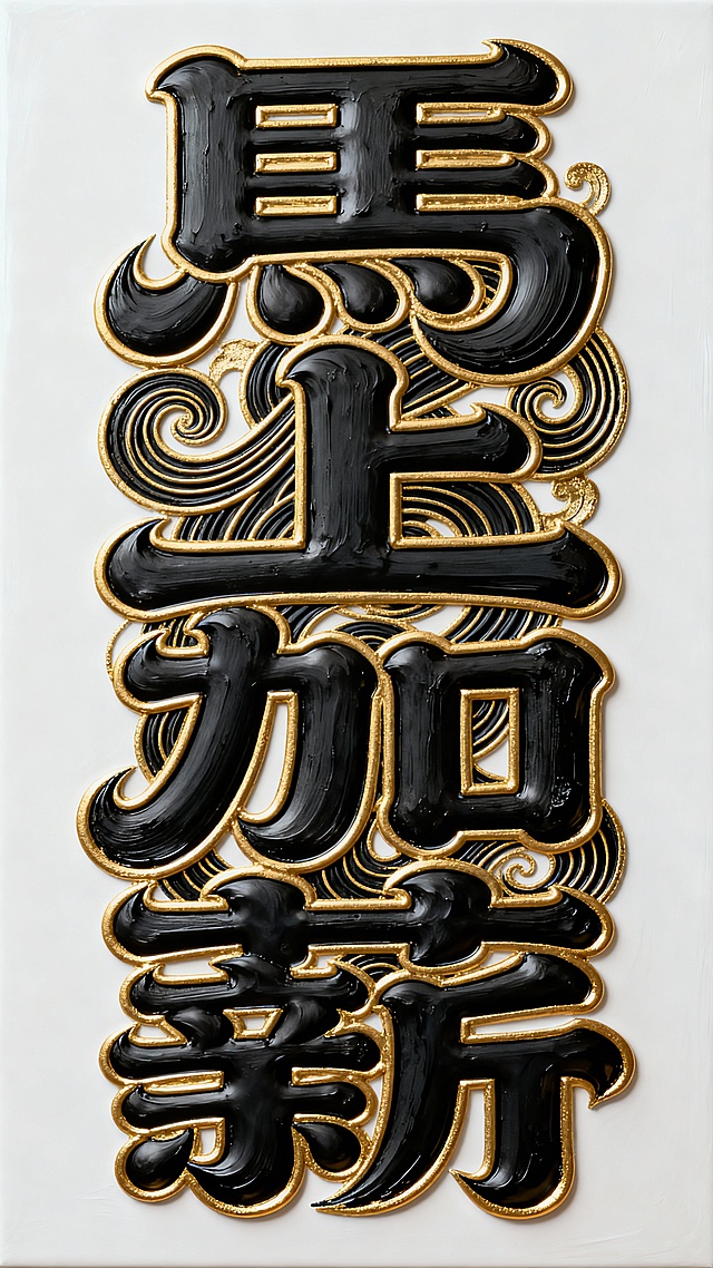Calligraphy,一幅黑色的艺术字作品,内容是汉字“馬上加薪”,虽然是汉字,但是笔画极粗非常厚实饱满,笔画大体走势是黑体字（横平竖直),笔画非常粗,因为笔画太粗笔画之间相互堆叠交织缠绕,相互融合的形成紧密的夸张块面感,在抽象化处理下,整体看上去更像是一个复杂的符号图案,厚重流畅的曲线,所有笔画都采用极为宽阔的粗体块状,流动感强,笔画转折处圆润,线条呈现出 卷曲,波浪状,带有刀锋般的锐利收尾,整体风格类似涂鸦风格,既有现代抽象的装饰性又有力度,黑色字白色背景，,大师级排版,四周留白