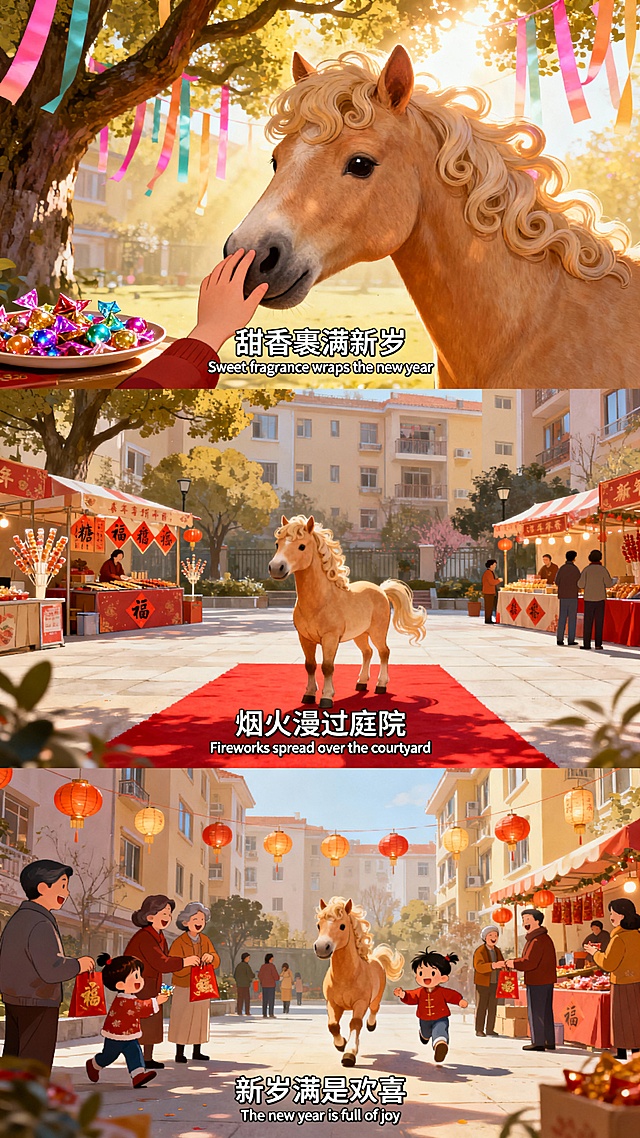 卡通感插画风，拟人化骏马与孩童互动，水彩质感渲染温馨节日氛围，充满喜庆与故事感，展现新春烟火庭院的欢愉场景。